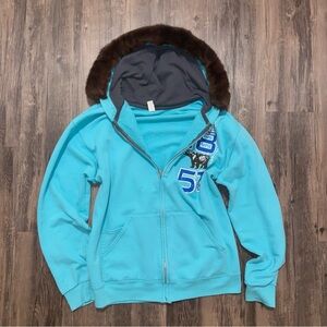Turquoise, brown Faux Fur Cedar City Utah zip up hoodie